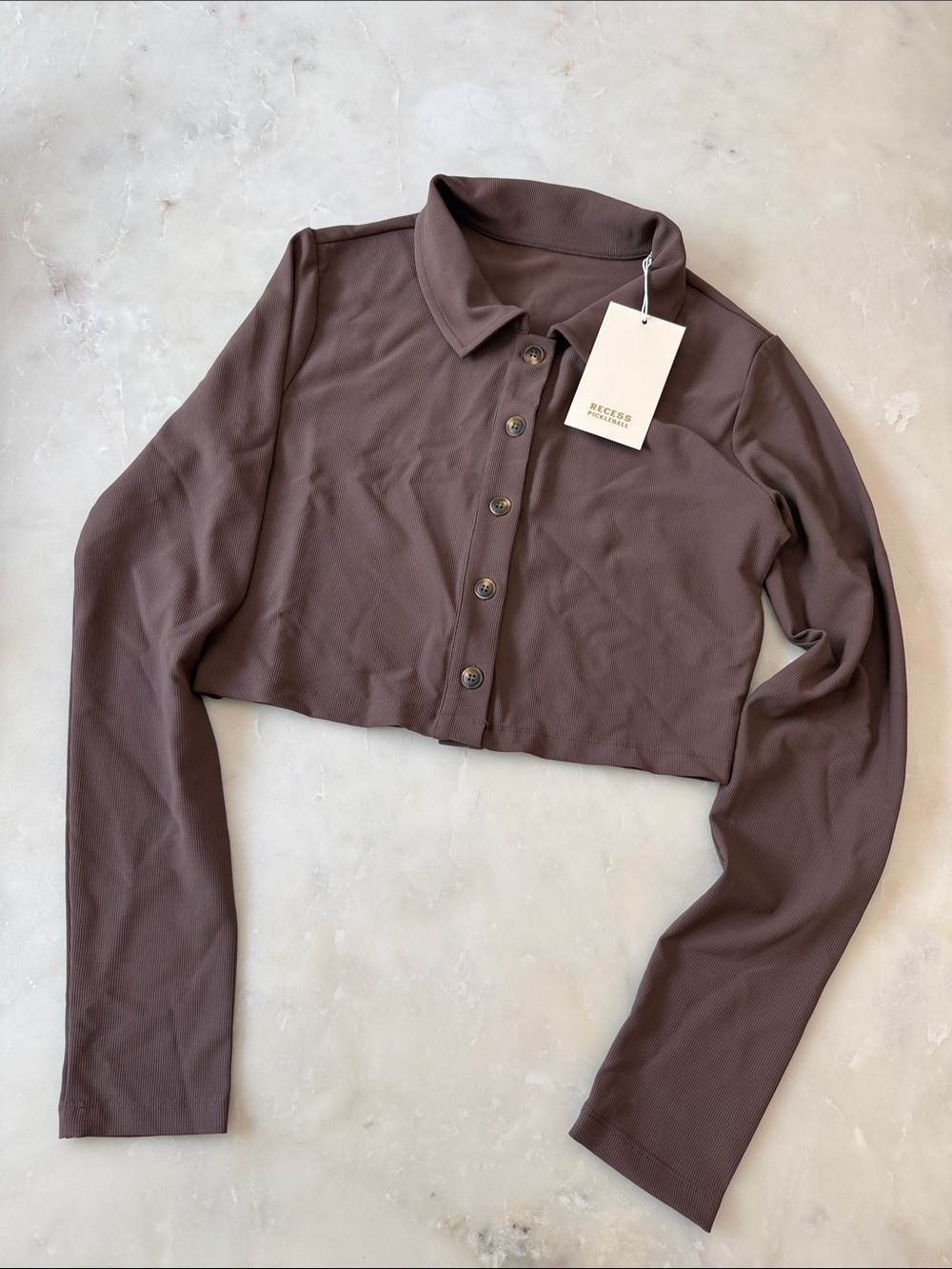 Cropped Button-Down Polo Sweater in Chocolate Brown